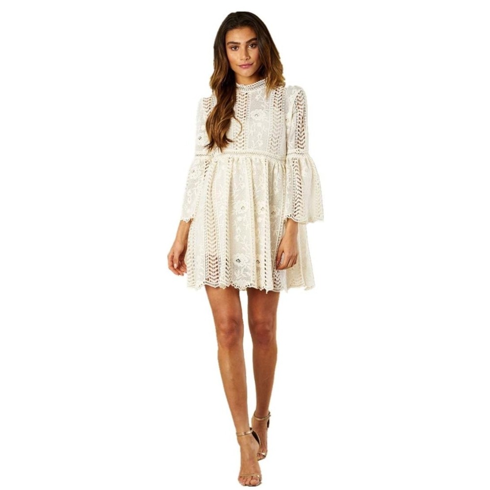 NWT Amy Lynn Theia Lace Mini Dress Beige Floral Bell Sleeve Mock Neck Large